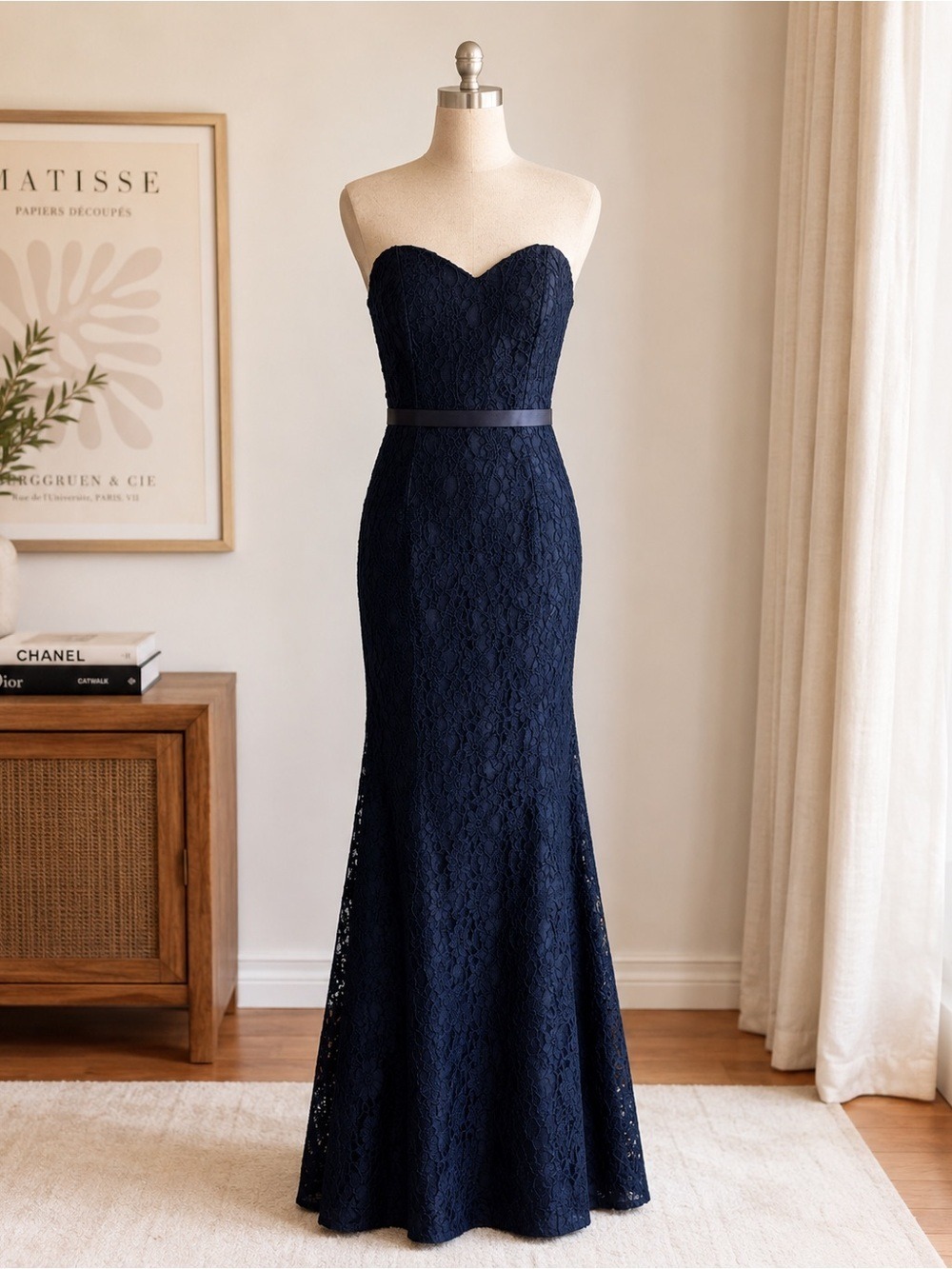 Morilee Strapless Navy Lace Wedding Gown with Satin Waist | Size 14